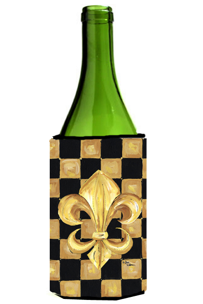 Picture of Carolines Treasures 8197LITERK Black Gold Checkered Flag Fleur De Lis Wine Bottle  Hugger - 24 oz.