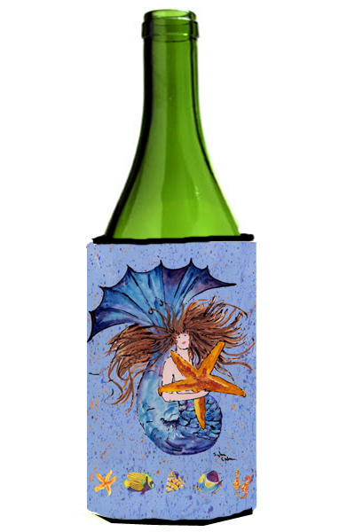 Picture of Carolines Treasures 8337LITERK Brown Headed Mermaid On Blue Wine Bottle  Hugger - 24 oz.