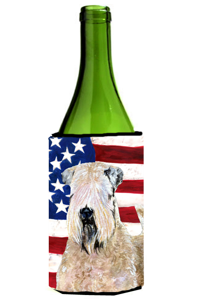 Usa American Flag With Wheaten Terrier Soft Coated Wine Bottle   Hugger - 24 oz.