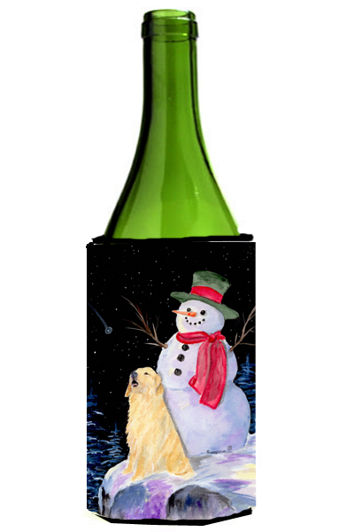 Picture of Carolines Treasures SS8951LITERK Snowman With Golden Retriever Wine Bottle   Hugger - 24 oz.