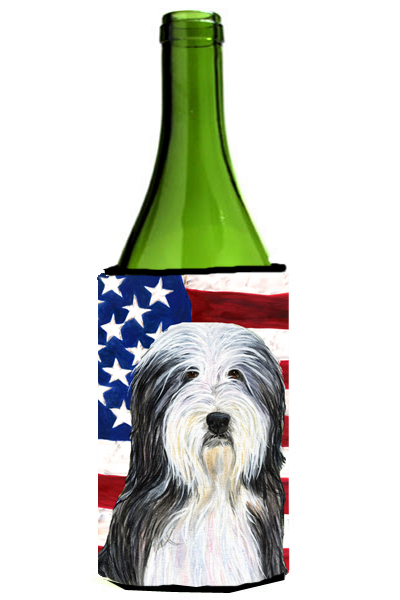 Usa American Flag With Bearded Collie Wine Bottle   Hugger - 24 oz.
