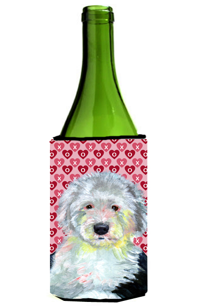 LH9171LITERK Old English Sheepdog Hearts Valentines Day Portrait Wine bottle sleeve Hugger