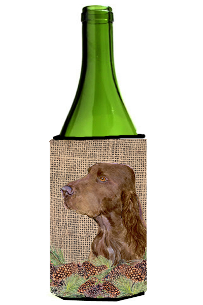 Field Spaniel On Faux Burlap With Pine Cones Wine bottle sleeve Hugger