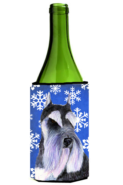 Schnauzer Winter Snowflakes Holiday Wine bottle sleeve Hugger