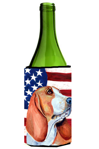 USA American Flag with Basset Hound Wine bottle sleeve Hugger 24 oz.