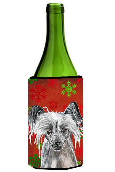 Chinese Crested Red Snowflake Christmas Wine bottle sleeve Hugger - 24 oz.