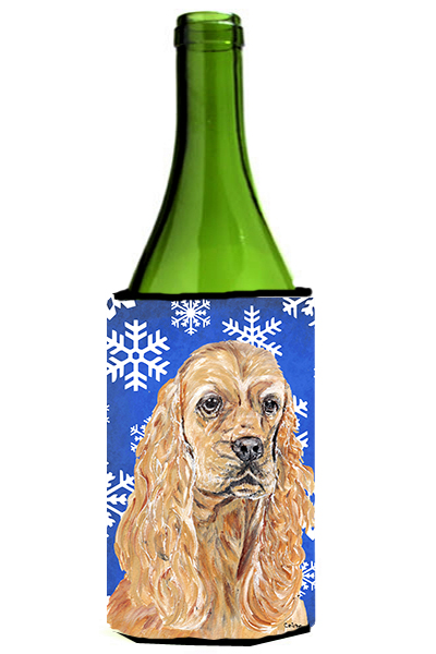 Cocker Spaniel Blue Snowflake Winter Wine bottle sleeve Hugger - 24 oz.