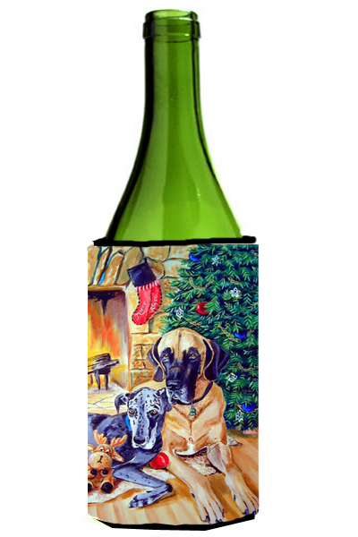 Picture of Carolines Treasures 7111LITERK Fawn And Blue Great Dane Waiting On Christmas Wine bottle sleeve Hugger - 24 oz.