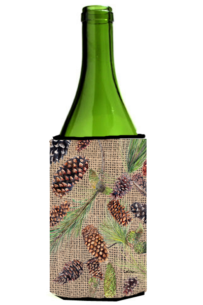 Pine Cones On Faux Burlap Wine bottle sleeve Hugger - 24 oz.