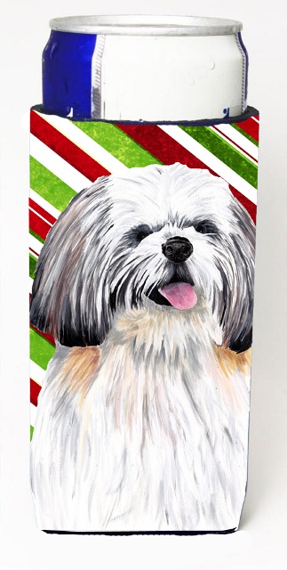 Picture of Carolines Treasures SC9343MUK Shih Tzu Candy Cane Holiday Christmas Michelob Ultra bottle sleeves For Slim Cans - 12 oz.