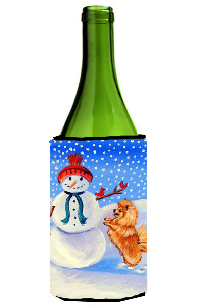 Picture of Carolines Treasures 7151LITERK Snowman With Pomeranian Winter Snowman Wine bottle sleeve Hugger - 24 oz.