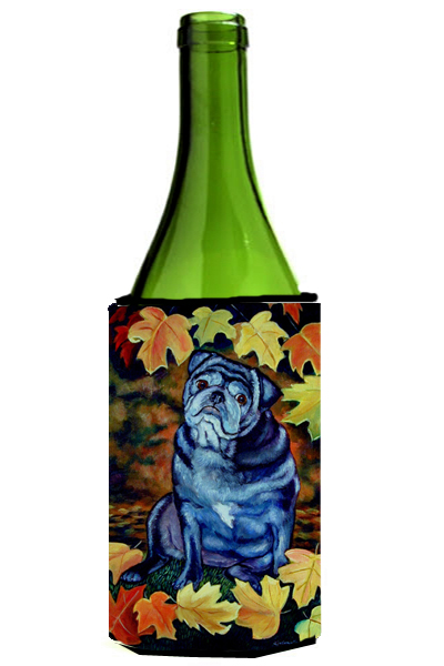 Picture of Carolines Treasures 7159LITERK Old Black Pug In Fall Leaves Wine bottle sleeve Hugger - 24 oz.