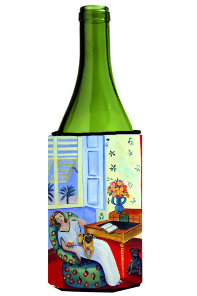 Picture of Carolines Treasures 7166LITERK Lady With Her Pug Wine bottle sleeve Hugger - 24 oz.