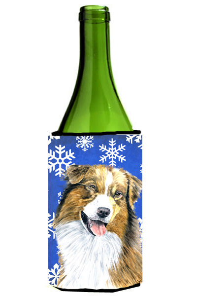 Australian Shepherd Winter Snowflakes Holiday Wine bottle sleeve Hugger - 24 oz.