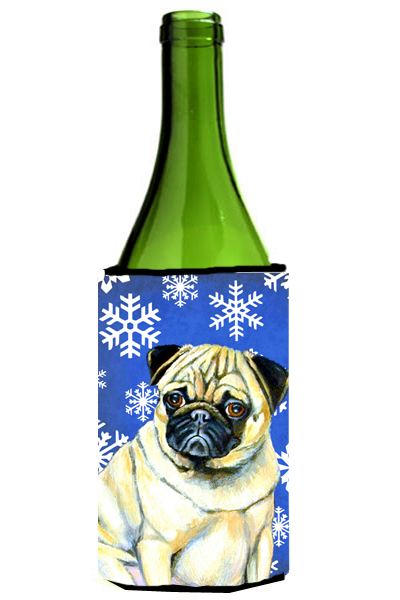 Pug Winter Snowflakes Holiday Wine bottle sleeve Hugger - 24 oz.