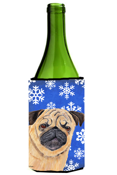 Pug Winter Snowflakes Holiday Wine bottle sleeve Hugger - 24 oz.