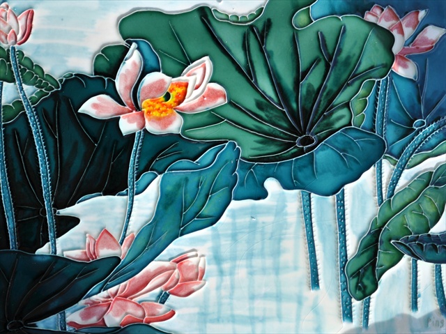 Picture of Continental Art Center AD-0147 12 x 16 in. Teal Color Lotus Pond Ceramic Art Tile