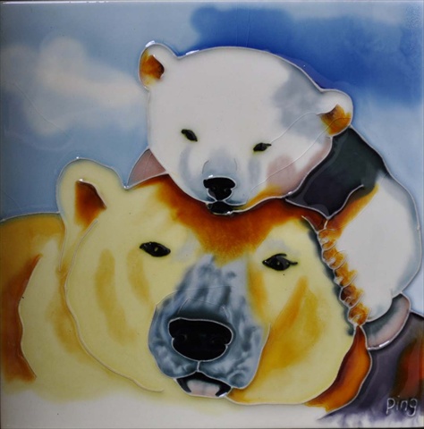 BD-2052 8 x 8 in. Mother & Baby Polar Bears Ceramic Art Tile