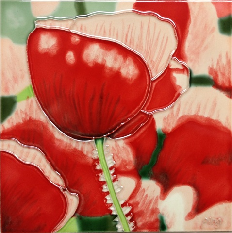 Hand-Painted Red Poppy Ceramic Art Tile - 8 x 8 in. - 3-D Texture