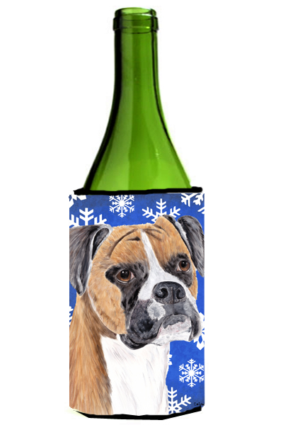 Boxer Winter Snowflakes Holiday Wine bottle sleeve Hugger