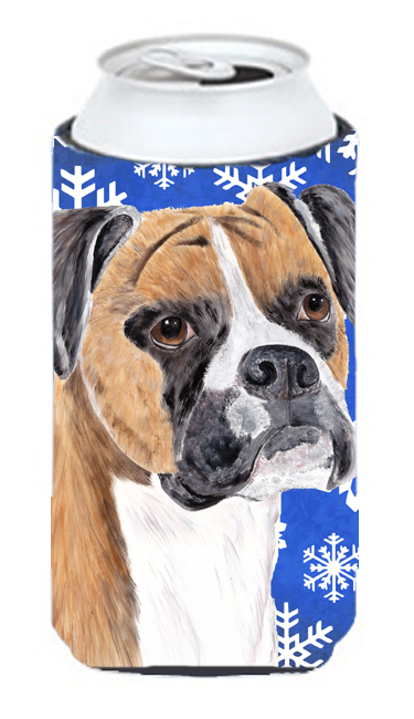 Boxer Winter Snowflakes Holiday Tall Boy bottle sleeve Hugger