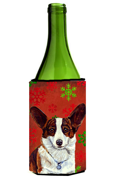 Picture of Carolines Treasures LH9333LITERK Corgi Red And Green Snowflakes Holiday Christmas Wine bottle sleeve Hugger