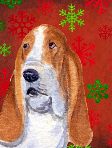 Picture of Carolines Treasures SS4735CHF Basset Hound Red And Green Snowflakes Holiday Christmas Flag Canvas - House Size