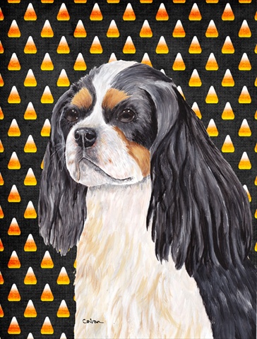 Cavalier Spaniel Tricolor Candy Corn Halloween Portrait Flag - Garden Size