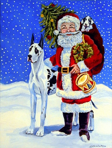 Harlequin Great Dane With Santa Claus Flag Canvas - House Size