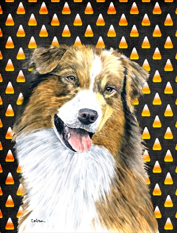 Australian Shepherd Candy Corn Halloween Portrait Flag - Garden Size- 11 x 15 in.