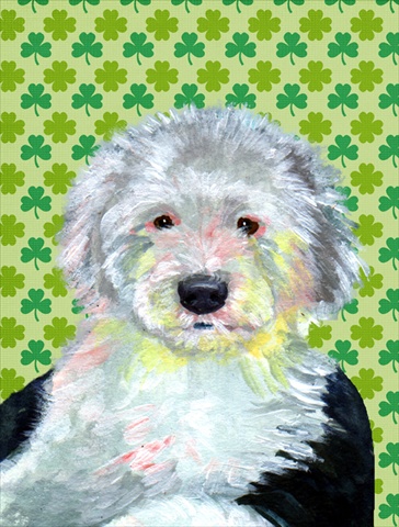 LH9216GF Old English Sheepdog St. Patricks Day Shamrock Portrait Flag - Garden Size- 11 x 15 in.