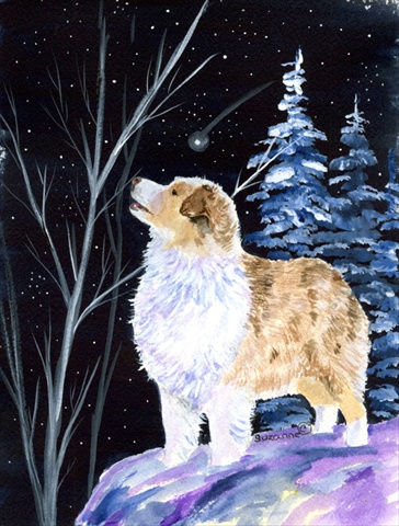Starry Night Australian Shepherd Canvas Flag - House Size- 28 x 40 in.