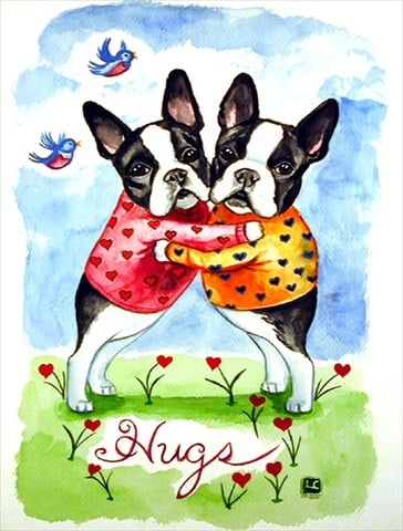 Hugs Boston Terrier Canvas Flag - House Size- 28 x 40 in.