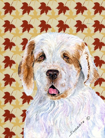 Clumber Spaniel Fall Leaves Portrait Canvas Flag - House Size- 28 x 40 in.