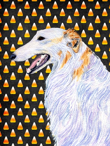 Borzoi Candy Corn Halloween Portrait Canvas Flag - House Size- 28 x 40 in.
