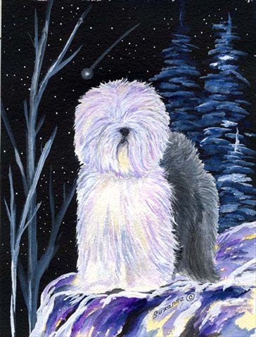 SS8406GF Starry Night Old English Sheepdog Flag - Garden Size- 11 x 15 in.