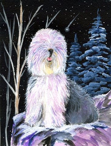 SS8409CHF Starry Night Old English Sheepdog Canvas Flag - House Size- 28 x 40 in.
