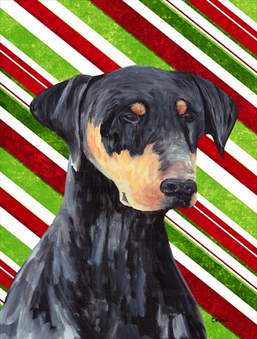 Doberman Candy Cane Holiday Christmas Canvas Flag
