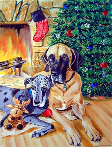 Harlequin and Blue Great Danes Under the Christmas Tree Canvas Flag - House Size, 28 x 40 in.