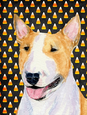 Bull Terrier Candy Corn Halloween Portrait Canvas Flag - House Size- 28 x 40 in.