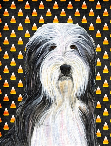 SS4290CHF Bearded Collie Candy Corn Halloween Portrait Canvas Flag - House Size- 28 x 40 in.