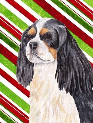 SC9351CHF Cavalier Spaniel Candy Cane Holiday Christmas Canvas Flag - House Size- 28 x 40 in.