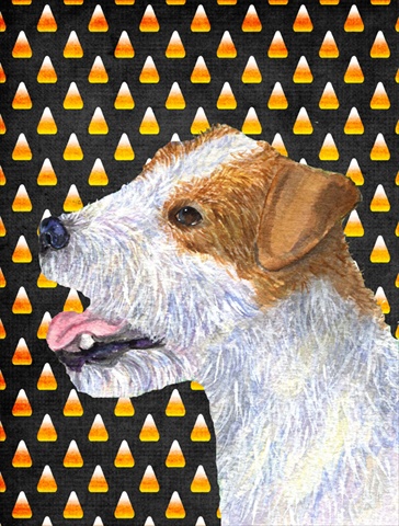 SS4297GF Jack Russell Terrier Candy Corn Halloween Portrait Flag - Garden Size- 11 x 15 in.