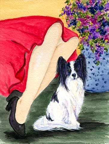 Lady with her Papillon Canvas Flag - House Size- 28 x 40 in.