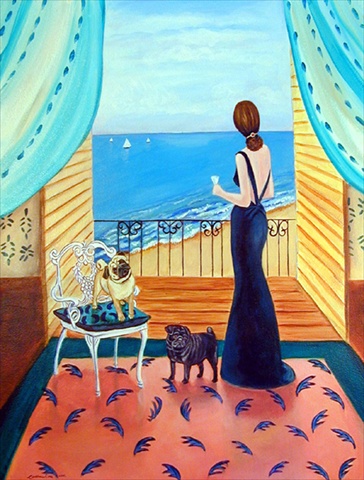 Lady with her Pug Canvas Flag - House Size- 28 x 40 in.