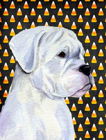 SS4302CHF Boxer White Candy Corn Halloween Portrait Canvas Flag - House Size- 28 x 40 in.