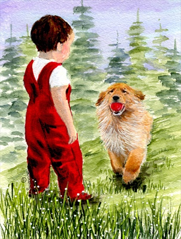 Little Boy with his Golden Retriever House Size Canvas Flag