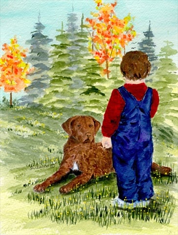 Little boy with his Chesapeake Bay Retriever House Size Canvas Flag