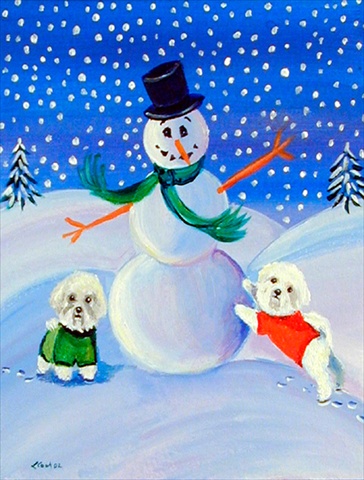 Snowman with a Bichon Frise Garden Size Flag