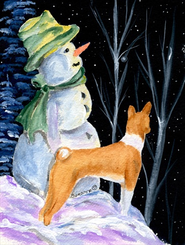 Snowman with Basenji House Size Canvas Flag 28 x 40 in.